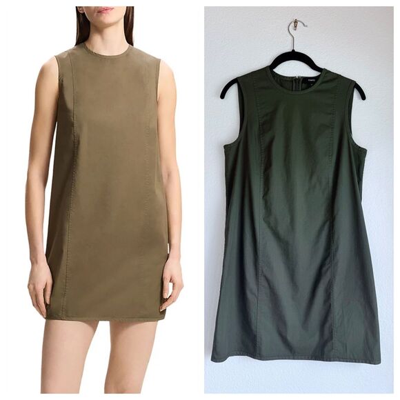 NWT Theory Sleeveless Crew Neck Mini Shift Dress in Dark Olive Size 4 - Picture 1 of 15